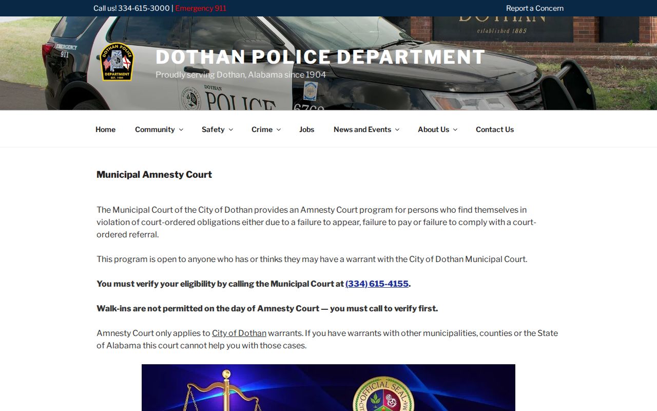 Dothan Houston County bench warrant amnesty eligibility instructions